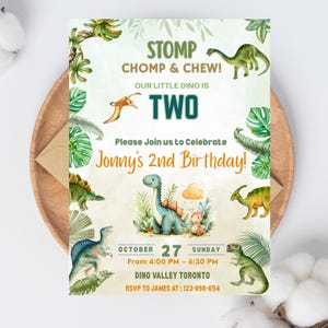 May include: A colorful invitation for a second birthday party, featuring dinosaur illustrations and the text "STOMP CHOMP & CHEW!" The invitation includes the date, time, and location of the party, with a call to RSVP.