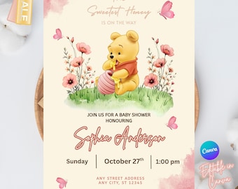 Invitación editable de Winnie the Pooh para baby shower, invitación digital Oh girl, invitación azul de Winnie the Pooh, Canva editable