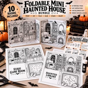 May include: A printable craft bundle titled Foldable Mini Haunted House featuring black and white line art of rooms including an Eerie Game Room and Haunted Library. The set includes 10 rooms, instructions, and templates for paper assembly.