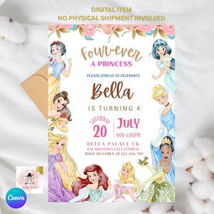 以下が含まれることがあります： プリンセスをテーマにしたデジタル招待状。テキストは「Four-ever A Princess」と「Bella is turning 4」です。招待状には日付、時間、RSVP情報が含まれています。花のアクセントと金の封筒も表示されています。