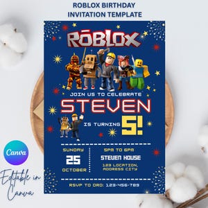 Roblox Invitation, Roblox Invite, Game Party, Roblox Boys Birthday Invitation Template, Game Birthday, Kids Roblox, Editable Template, Canva