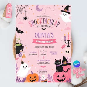 May include: A pink Halloween-themed birthday invitation card featuring illustrations of ghosts, a black cat, pumpkins, a cauldron, and bats. The text reads: You're invited to a Spooktacular Celebration, Olivia's 8th Birthday, Join us if you dare!