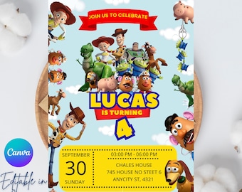 Pode incluir: Um modelo de convite de aniversário com personagens de um filme de animação popular. O convite inclui o texto "LUCAS FAZ 4 ANOS" e os detalhes do evento. O design é contra um fundo azul claro com vários personagens de desenhos animados.