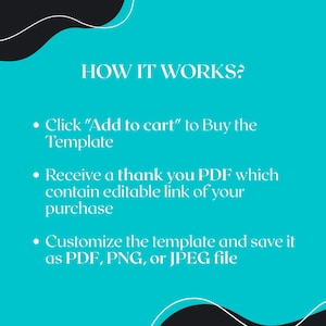May include: A teal graphic with the text "HOW IT WORKS?" and bullet points detailing the process: Add to cart, receive a PDF with an editable link, and customise and save the template as PDF, PNG, or JPEG.