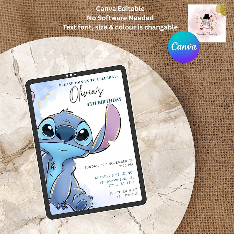 May include: Digital invitation for Olivia's 4th birthday, featuring a blue cartoon character. The invitation includes event details and the text "Canva Editable". The design is set against a marble-like surface. Text font, size & colour is changeable.