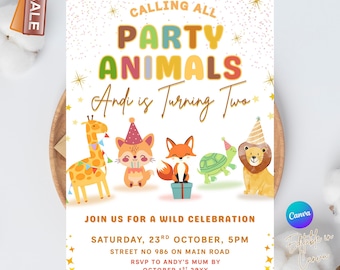 Invitación "Llamada a todos los animales de fiesta", invitación de cumpleaños para niños con animales de fiesta, lindos animales con sombreros de cumpleaños, editable en Canva
