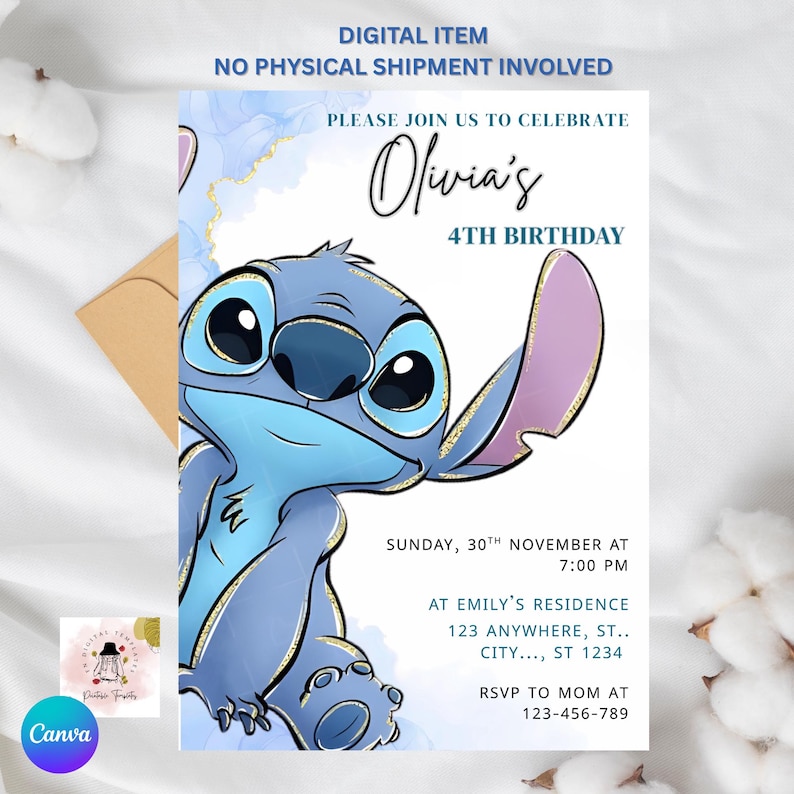 May include: Digital birthday invitation featuring a blue cartoon character. The invitation text reads "Olivia's 4th Birthday" with event details. The design includes blue and gold accents. The Canva logo is visible in the bottom left corner.