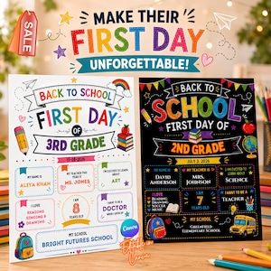 May include: Two back-to-school signs for first day of school. The left sign is white with colorful text and graphics for 3rd grade. The right sign is black with chalkboard-style text and graphics for 2nd grade, featuring school supplies and icons.
