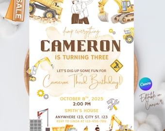 Editable Construction birthday invitation, any age, Construction invite, truck party, Diggin' It Party, digger invite, template printable