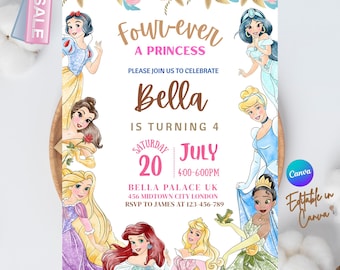 Four Ever A Princess verjaardagsuitnodiging Fourever A Princess uitnodiging 4e verjaardag uitnodigen prinsessenfeest Koninklijk thema aquarel BEWERKBAAR