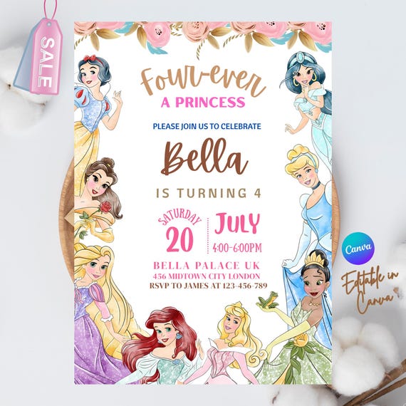 Four Ever A Princess Birthday Invitation Fourever A Princess Invitation 4th Birthday Invite Princess Party Royal Theme Watercolor EDITABLE