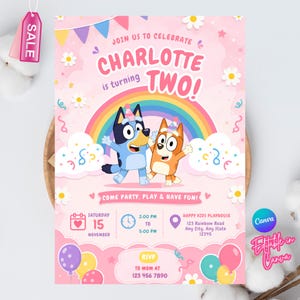 May include: A pink birthday invitation card featuring two cartoon dogs, a rainbow, and flowers. Text reads: JOIN US TO CELEBRATE CHARLOTTE is turning TWO! COME PARTY, PLAY & HAVE FUN! SATURDAY 15 NOVEMBER, 2:00 PM TO 5:00 PM, HAPPY KIDS PLAYHOUSE.