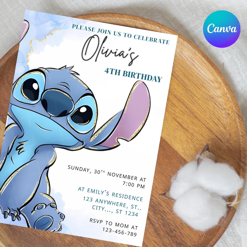 May include: A birthday invitation with a blue cartoon character illustration. The invitation reads "Olivia's 4th Birthday" and includes event details. The design incorporates blue and gold accents, with the Canva logo visible.