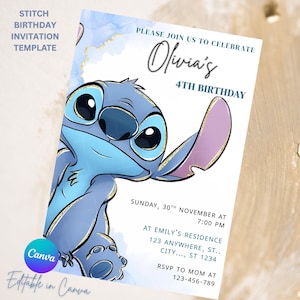 May include: A Stitch-themed birthday invitation template. The invitation features a blue cartoon character, Stitch, with the text "Olivia's 4th Birthday." Additional text includes event details and "Editable in Canva."