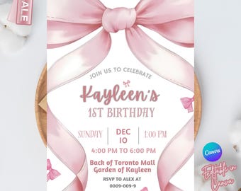 Invitación de cumpleaños con lazo rosa, invitación de cumpleaños rosa para niña, invitación de lazo rosa coqueta, invitación de cumpleaños con lazo rosa para niña, Canva de 5 x 7
