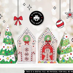 Manualidad para colorear de casa de jengibre y árbol de Navidad / Modelos de papel 3D DIY / Tamaño carta y A4