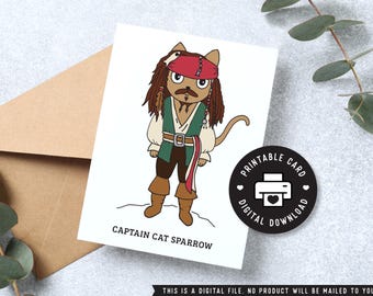Cartão de felicitações do Capitão Cat Sparrow: Presente engraçado para amantes de filmes (cartão em PDF + envelope)