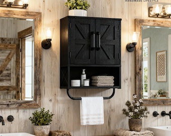 Armadietto per medicinali in stile rustico con porta del fienile: contenitore da parete in legno rustico boho