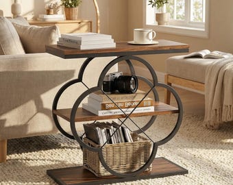 Rustic 3-Tier Metal Side Table with Storage | Industrial Bedside Table for Small Spaces | Narrow Sofa End Table for Living Room or Bedroom