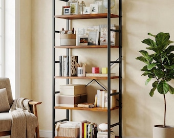 Modern 5-Tier Black Bookshelf | Tall Industrial Bookcase for Garage Kits, CDs, Movies & Home Office Corner Storage