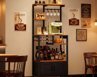 Scaffale da forno con presa di corrente, bancone per il caffè con mobiletto portaoggetti e cassetto per capsule, supporto per microonde da cucina, 4 ganci, moderno organizer nero