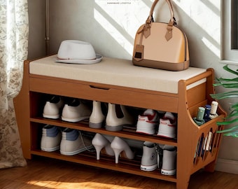 Panca portascarpe minimalista in bambù / Organizer per ingresso a 3 ripiani / Seduta e contenitore per corridoio in legno naturale / 34"