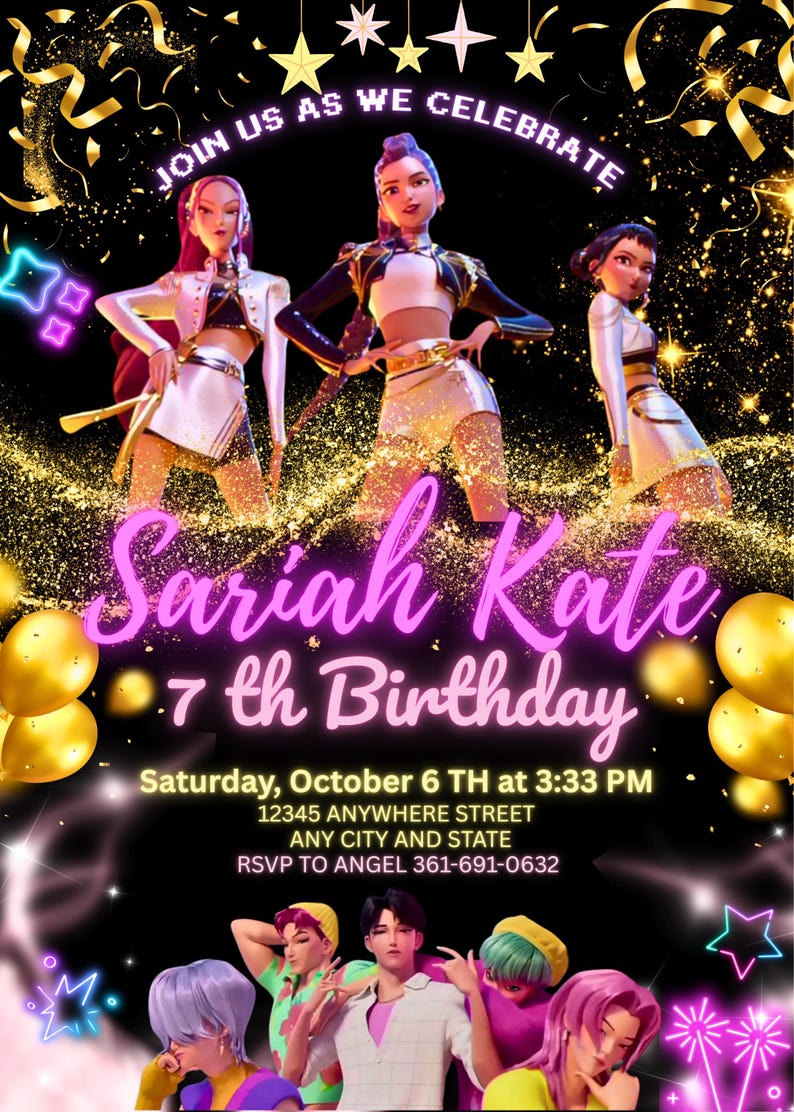 KPOP Demon Hunters Invitation, KPOP Demon Hunters Birthday Invitation