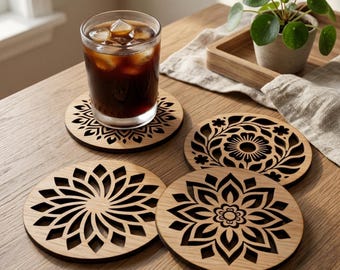 8 Geometric & Floral Mandala Coasters Set Designs Laser Cut SVG Files