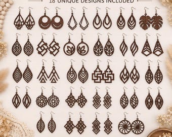 May include: A collection of 18 unique wooden earring designs, including leaf, geometric, and floral shapes. The text "BOHO EARRING SVG BUNDLE" is at the top, with file type options below. The earrings are brown and displayed on a light background.