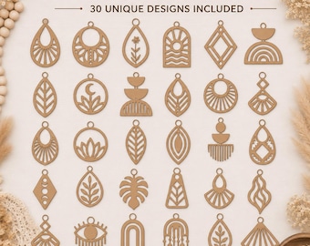 May include: A digital collection titled BOHO EARRING SVG BUNDLE 30 UNIQUE DESIGNS INCLUDED featuring thirty brown, flat, laser-cut style earring shapes arranged in a grid. The designs include geometric, floral, sun, moon, and leaf patterns.