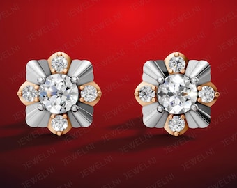 Magnificent Moissanite Diamond Flower Stud Earrings – Rose & White Gold Plated Best Gift For Her