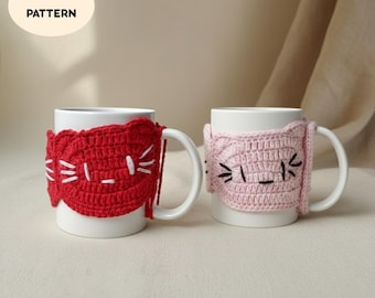 Cat Crochet Pattern for Valentine's Day: Beginner Crochet Mug Warmer, Galentine Gift (PDF Download)