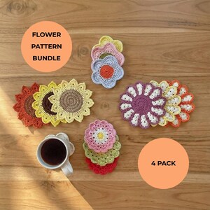 Crochet Flower Coaster Pattern Bundle | Sunflower, Daisy, Rose (PDF)