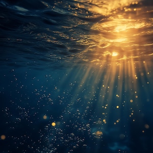 May include: An underwater scene with sunlight filtering through the water. The image shows the surface of the water with waves and bubbles. The sunlight creates a golden glow, with beams of light shining down into the deep blue water.