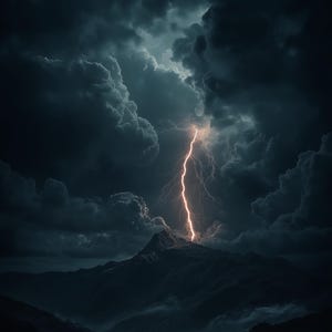 Puede incluir: Paisaje dramático con un rayo iluminando una cordillera. Nubes oscuras y amenazantes llenan el cielo, con el brillante rayo creando un contraste llamativo. La escena evoca la fuerza y la belleza salvaje de la naturaleza.