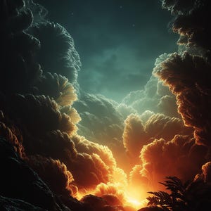 Może przedstawiać: Cyfrowa grafika przedstawiająca dramatyczne niebo wypełnione ciemnymi, teksturowanymi chmurami. Chmury są oświetlone jasnym, złotym światłem emanującym z horyzontu, tworząc kontrast światła i cienia. Kilka ciemnozielonych liści paproci jest widocznych na pierwszym planie.