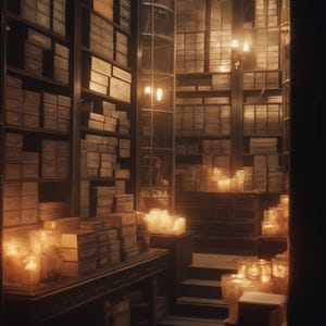 May include: A dimly lit room with tall bookshelves filled with stacked boxes. The room is illuminated by warm candlelight, creating a cozy atmosphere. The shelves and boxes are a mix of brown and tan tones, suggesting a vintage or antique theme.
