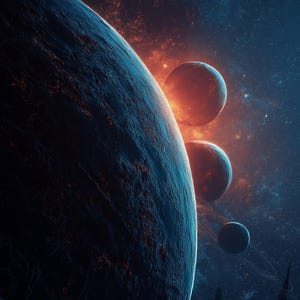May include: A digital illustration of a planetary scene in deep space. A large, textured blue planet dominates the left side, with smaller planets and rings in the background. Fiery orange and red nebulae fill the space.