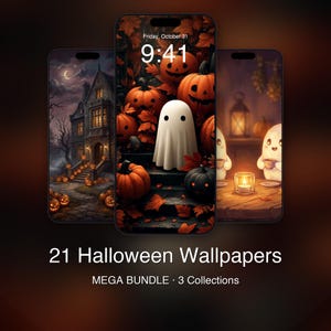 Könnte beinhalten: Drei Smartphone-Bildschirme mit digitalen Hintergrundbildern zum Thema Halloween. Der mittlere Bildschirm zeigt ein weißes Gespenst zwischen orangefarbenen Kürbissen und Herbstblättern mit dem Text Friday, October 31 und 9:41. Darunter steht 21 Halloween Wallpapers MEGA BUNDLE 3 Collections.