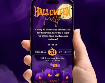 Spooky Animated Halloween Party Invitation: Purple Pumpkin Design (Canva Template.)