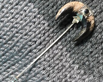 Petrified Palm Wood, Onyx & Sterling Silver Shawl Pin, Sweater Pin Handmade, Natural