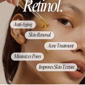 K&ouml;nnte beinhalten: Eine transparente Glastropfpipette gibt eine goldene Fl&uuml;ssigkeit auf die Haut ab. Die Texteinblendungen lauten: Retinol., Anti-Aging, Skin Renewal, Acne Treatment, Minimizes Pores und Improves Skin Texture. Das Bild zeigt das Auftragen des Serums.