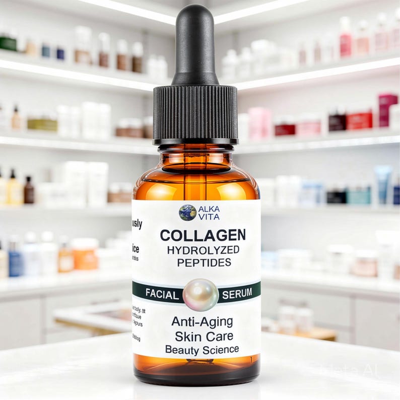 Puede incluir: Un frasco de vidrio &aacute;mbar de suero facial Alka Vita Collagen Hydrolyzed Peptides con tapa de gotero negra. La etiqueta blanca presenta un gr&aacute;fico de perla, el texto "Anti-Aging Skin Care Beauty Science" y un icono de globo terr&aacute;queo.