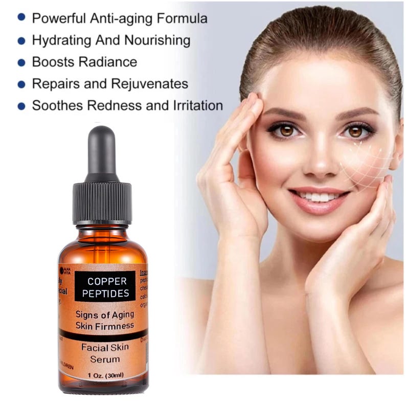 Peut inclure: Un flacon compte-gouttes en verre ambr&eacute; de 30 ml de s&eacute;rum pour le visage aux peptides de cuivre. L'&eacute;tiquette indique Copper Peptides, Signs of Aging, Skin Firmness, Facial Skin Serum, 1 Oz. (30ml). Des points listent les bienfaits du produit.