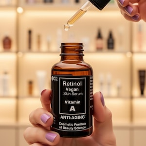 K&ouml;nnte beinhalten: Eine braune Glasflasche mit Retinol Vegan Skin Serum und einem schwarzen Etikett mit wei&szlig;em Text, der Retinol Vegan Skin Serum Vitamin A ANTI-AGING Coemetic Formula of Beauty Science lautet. Eine Glastropfpipette gibt einen Tropfen ab.