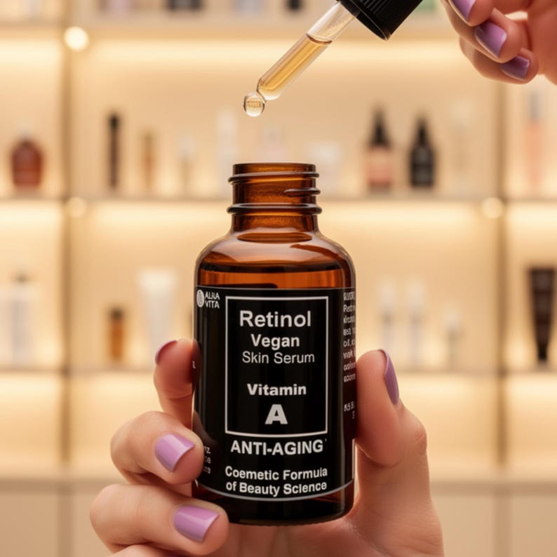 K&ouml;nnte beinhalten: Eine braune Glasflasche mit Retinol Vegan Skin Serum und einem schwarzen Etikett mit wei&szlig;em Text, der Retinol Vegan Skin Serum Vitamin A ANTI-AGING Coemetic Formula of Beauty Science lautet. Eine Glastropfpipette gibt einen Tropfen ab.