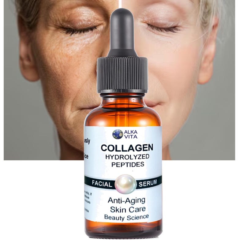 Puede incluir: Un frasco de vidrio &aacute;mbar de suero facial Alka Vita Collagen Hydrolyzed Peptides con tapa de gotero negra. La etiqueta blanca presenta el texto Collagen Hydrolyzed Peptides, Facial Serum, Anti-Aging Skin Care y Beauty Science.