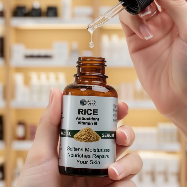 May include: A brown glass bottle of Alka Vita Rice Antioxidant Vitamin B facial serum with a dropper. The label features a graphic of rice, the text "Softens Moisturizes Nourishes Repairs Your Skin," and a clear liquid drop falling from the dropper.