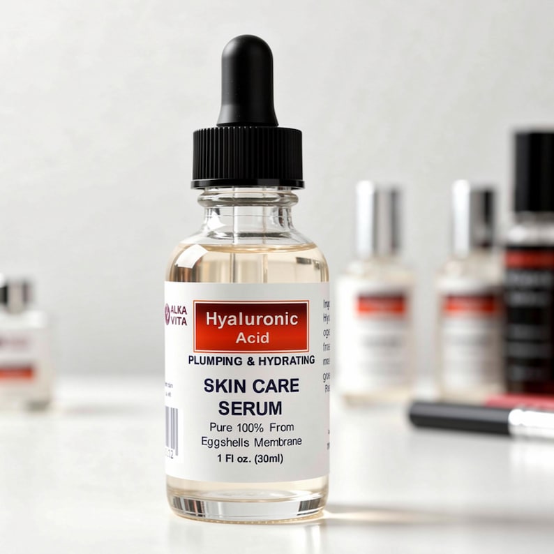 May include: A clear glass dropper bottle of Alka Vita Hyaluronic Acid skin care serum. The white label features red and black text, stating Plumping & Hydrating, Pure 100% From Eggshells Membrane, and 1 Fl oz. (30ml) with a black dropper cap.