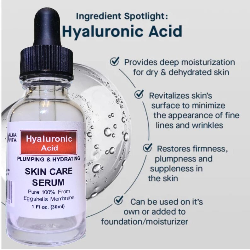 May include: A clear glass dropper bottle of Alka Vita Hyaluronic Acid skin care serum. The label reads: Hyaluronic Acid, Plumping & Hydrating, Skin Care Serum, Pure 100% From Eggshells Membrane, 1 Fl oz. (30ml). Text lists benefits for skin hydration.